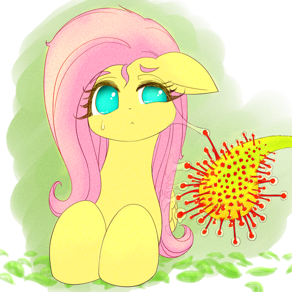 Size: 1791x1791 | Tagged: safe, artist:sigpi, derpibooru import, fluttershy, pegasus, pony, bust, carnivorous plant, female, floppy ears, glue, looking sideways, mare, pixiv, portrait, solo, sundew