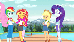 Size: 427x240 | Tagged: safe, derpibooru import, screencap, applejack, fluttershy, pinkie pie, rainbow dash, rarity, sunset shimmer, equestria girls, legend of everfree, animated, clothes, embrace the magic, gif, scenery
