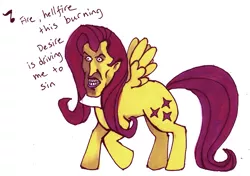 Size: 2097x1479 | Tagged: artist:gobbledigooke, cult leader fluttershy, derpibooru import, fluttershy, friendship is witchcraft, frollo, frolloshy, hellfire, hunchback of notre dame, safe, solo, wat