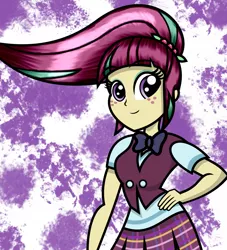 Size: 1024x1130 | Tagged: safe, artist:alligatorgummy, derpibooru import, sour sweet, equestria girls, friendship games, rainbow rocks, clothes, credits, freckles, pleated skirt, ponytail, request, school uniform, shine like rainbows, skirt, smiling, solo