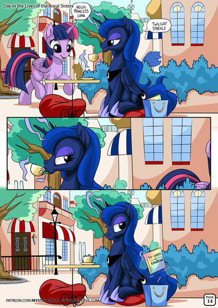 Size: 955x1351 | Tagged: safe, artist:mysticalpha, derpibooru import, princess luna, twilight sparkle, twilight sparkle (alicorn), alicorn, pony, comic:day in the lives of the royal sisters, bag, book, cafe, comic, crown, dialogue, female, fifty shades of grey, horseshoes, implied fanfiction, implied rainbow dash, jewelry, levitation, magic, mare, peytral, pillow, regalia, sitting, speech bubble, table, teacup, telekinesis