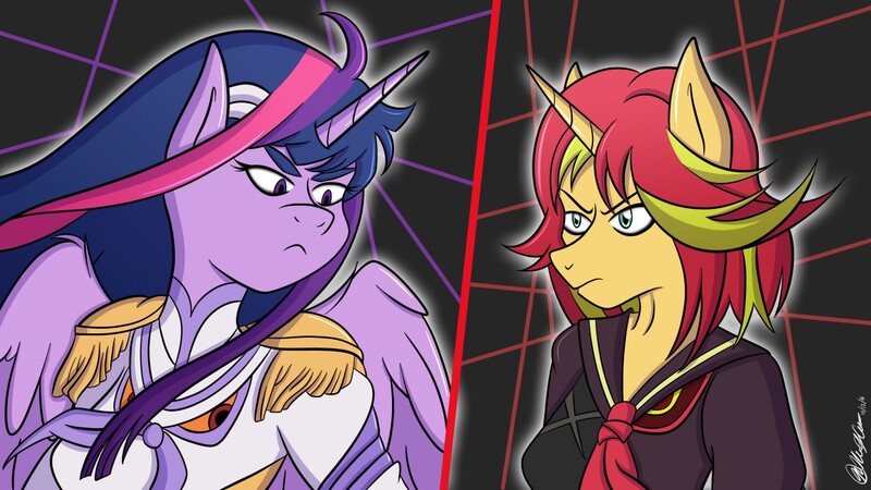 Size: 1280x720 | Tagged: safe, artist:sketchybug, derpibooru import, sunset shimmer, twilight sparkle, alicorn, anthro, ami koshimizu, anime, clothes, cosplay, costume, kill la kill, ryuko matoi, satsuki kiryuin, twilight sparkle (alicorn), voice actor joke