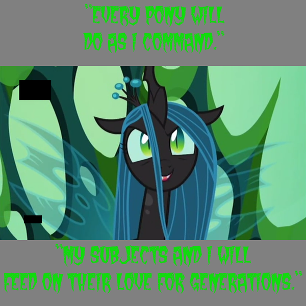 Size: 844x844 | Tagged: caption, changeling, changeling hive, changeling queen, derpibooru import, edit, edited screencap, female, leadership, queen chrysalis, safe, screencap, smiling, solo, talking, text, throne, to where and back again