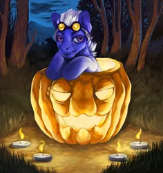 Size: 1478x1565 | Tagged: artist:theray, candle, derpibooru import, food, forest, goggles, halloween, jack-o-lantern, pumpkin, safe, solo, ych result