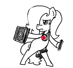 Size: 640x600 | Tagged: safe, artist:ficficponyfic, derpibooru import, oc, oc:emerald jewel, unofficial characters only, colt quest, amulet, angry, bandana, bipedal, child, colt, femboy, fight, foal, glare, hair over one eye, male, monochrome, neo noir, partial color, pose, potion, solo, spellbook, standing, story included, vial