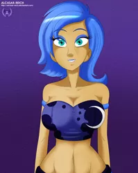 Size: 3800x4775 | Tagged: artist:alcasar-reich, belly button, breasts, busty princess luna, cleavage, derpibooru import, female, human, humanized, lipstick, looking at you, midriff, princess luna, s1 luna, solo, suggestive, tube top