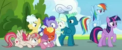 Size: 1089x451 | Tagged: safe, derpibooru import, screencap, angel wings, hyacinth dawn, loosey-goosey, mountain haze, rainbow dash, short fuse, sky stinger, twilight sparkle, twilight sparkle (alicorn), vapor trail, alicorn, pegasus, pony, top bolt, cropped, female, male, mare, stallion