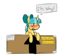 Size: 1600x1200 | Tagged: safe, artist:maxiima, derpibooru import, oc, oc:ducky ink, oc:monochromatic, unofficial characters only, pony, blushing, box, cardboard box, cute, dialogue, pony in a box, solo, speech bubble
