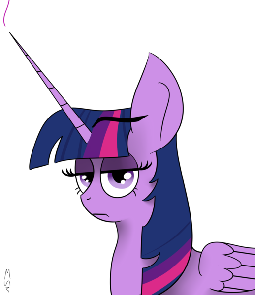 Size: 1445x1674 | Tagged: safe, artist:mackstack, derpibooru import, twilight sparkle, twilight sparkle (alicorn), alicorn, pony, face, frown, lidded eyes, long horn, looking at you, redraw, simple background, solo, white background