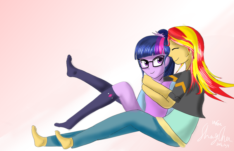 Size: 2000x1292 | Tagged: safe, artist:linlaifeng, derpibooru import, sci-twi, sunset shimmer, twilight sparkle, equestria girls, barefoot, clothes, feet, female, hug, hug from behind, lesbian, missing shoes, scitwishimmer, shipping, sitting, socks, sunsetsparkle