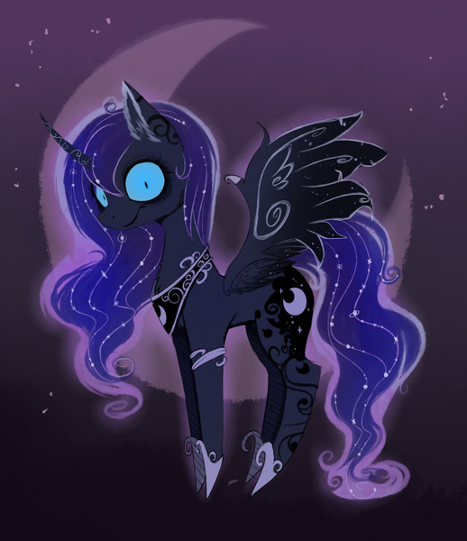 Size: 1280x1482 | Tagged: safe, artist:magnaluna, derpibooru import, princess luna, creepy, looking at you, pointy ponies, solo, spread wings, tim burton