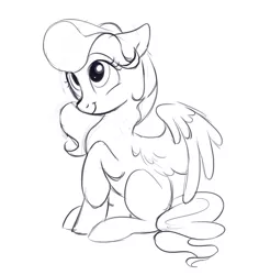 Size: 1261x1338 | Tagged: safe, artist:imalou, derpibooru import, vapor trail, pegasus, pony, top bolt, black and white, cute, female, floppy ears, grayscale, looking up, mare, monochrome, raised hoof, simple background, sitting, sketch, smiling, solo, spread wings, vaporbetes, white background