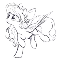 Size: 1261x1338 | Tagged: safe, artist:imalou, derpibooru import, angel wings, pegasus, pony, top bolt, black and white, bow, bucking, cute, female, grayscale, hair bow, legs in air, mare, monochrome, raised hoof, simple background, sketch, solo, spread wings, white background