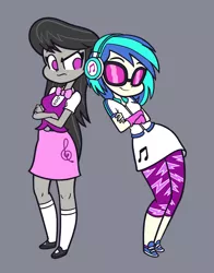 Size: 1178x1500 | Tagged: safe, artist:khuzang, derpibooru import, octavia melody, vinyl scratch, equestria girls, clothes, crossed arms, duo, empty eyes, frown, gray background, headphones, leggings, mary janes, no catchlights, no pupils, shoes, simple background, skirt, smiling, sneakers, socks, sunglasses