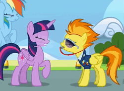 Size: 687x502 | Tagged: safe, derpibooru import, screencap, rainbow dash, spitfire, twilight sparkle, twilight sparkle (alicorn), alicorn, pony, top bolt, animated, blowing, blowing whistle, gif, that pony sure does love whistles, this will end in deafness, whistle, whistle necklace, wonderbolts dress uniform