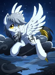 Size: 887x1200 | Tagged: safe, artist:hioshiru, derpibooru import, oc, oc:kej, unofficial characters only, pegasus, pony, bandana, chromatic aberration, cloud, facial hair, moustache, night, on a cloud, sky, solo, stars