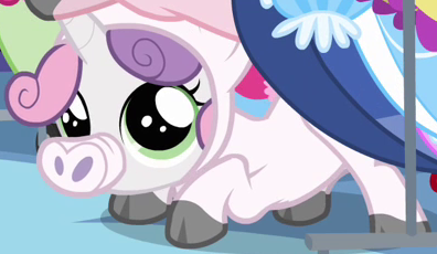 Size: 396x230 | Tagged: animal costume, clothes, costume, cute, derpibooru import, diasweetes, one bad apple, outfit catalog, pig, pig costume, safe, solo, sweetie belle, weapons-grade cute