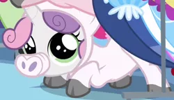 Size: 396x230 | Tagged: animal costume, clothes, costume, cute, derpibooru import, diasweetes, one bad apple, outfit catalog, pig, pig costume, safe, solo, sweetie belle, weapons-grade cute