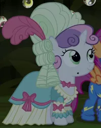 Size: 385x484 | Tagged: safe, derpibooru import, screencap, scootaloo, sweetie belle, pony, scare master, beauty mark, clothes, costume, dress, mare antoinette, marie antoinette, outfit catalog, wonderbolts uniform