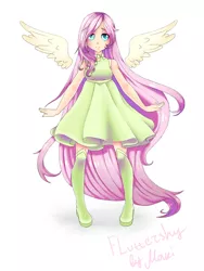 Size: 1500x2000 | Tagged: safe, artist:makierlendson, derpibooru import, fluttershy, human, clothes, dress, humanized, looking at you, solo, winged humanization