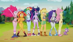 Size: 1231x718 | Tagged: suggestive, derpibooru import, edit, edited screencap, screencap, applejack, fluttershy, pinkie pie, rainbow dash, rarity, sci-twi, spike, spike the regular dog, sunset shimmer, twilight sparkle, dog, equestria girls, legend of everfree, abs, applejack's hat, belly, belly button, boots, bottomless, breast edit, breasts, busty rarity, clothes, converse, cowboy boots, cowboy hat, delicious flat chest, female, hat, humane five, humane seven, humane six, mane seven, mane six, muscles, no panties, nude edit, nudity, plump, rainbow flat, saggy breasts, shoes, shoes only, sneakers, strategically covered, thick, underwear, underwear edit, wardrobe malfunction