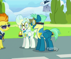 Size: 596x493 | Tagged: safe, derpibooru import, screencap, sky stinger, spitfire, vapor trail, pegasus, pony, top bolt, amused, animated, best friends, bipedal, captain of the wonderbolts, cuddling, cute, discovery family logo, female, gif, glomp, goggles, male, mare, nose in the air, raised eyebrow, shipping fuel, smiling, smirk, snuggling, stallion, vaporbetes, wonderbolt trainee uniform, wonderbolts dress uniform
