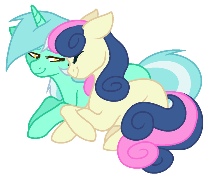 Size: 1056x896 | Tagged: safe, artist:riiichie, derpibooru import, bon bon, lyra heartstrings, sweetie drops, earth pony, pony, unicorn, cuddling, eyes closed, female, floppy ears, happy, lesbian, lidded eyes, lyrabon, mare, missing cutie mark, prone, shipping, simple background, smiling, snuggling, white background