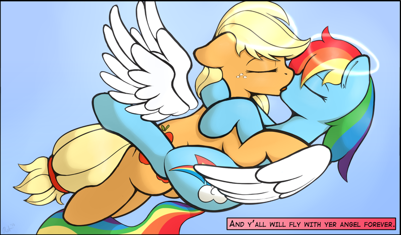 Size: 1280x751 | Tagged: suggestive, artist:ratofdrawn, derpibooru import, applejack, rainbow dash, afterlife, angel, angelic wings, appledash, female, floating wings, halo, heaven, implied death, kissing, lesbian, race swap, shipping, wings