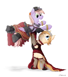 Size: 2800x3200 | Tagged: safe, artist:stinkehund, derpibooru import, oc, oc:lavender, oc:sepia tone, unofficial characters only, pegasus, pony, boots, clothes, collar, crossdressing, dancing, female, fishnets, fluffy, male, rope, skirt, stockings