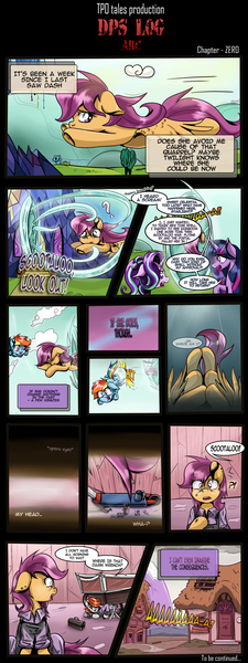 Size: 2040x5445 | Tagged: safe, artist:redheadfly, derpibooru import, rainbow dash, scootaloo, starlight glimmer, twilight sparkle, twilight sparkle (alicorn), oc, oc:dynamo sparks, alicorn, pony, comic:dps, alternate universe, comic, filly, filly rainbow dash, older, portal, scooter, time travel