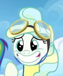 Size: 243x297 | Tagged: safe, derpibooru import, screencap, rainbow dash, vapor trail, pony, top bolt, cropped, cute, faic, goggles, smiling, solo, vaporbetes, wonderbolt trainee uniform