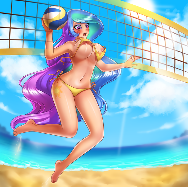 Size: 1280x1276 | Tagged: armpits, artist:racoonsan, barefoot, beach, belly button, bikini, blushing, breasts, busty princess celestia, clothes, cloud, commission, cutie mark swimsuit, derpibooru import, embarrassed, embarrassed nude exposure, feet, female, full body, human, humanized, lens flare, nipples, nipple slip, nudity, ocean, praise the sun, princess celestia, questionable, sky, solo, solo female, string bikini, sun, swimsuit, underboob, untied bikini, volleyball, volleyball net, wardrobe malfunction, yellow swimsuit