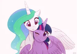 Size: 1836x1306 | Tagged: safe, artist:akeahi, derpibooru import, princess celestia, twilight sparkle, twilight sparkle (alicorn), alicorn, pony, blushing, female, floppy ears, lesbian, looking at each other, one eye closed, shipping, simple background, smiling, snuggling, twilestia, white background