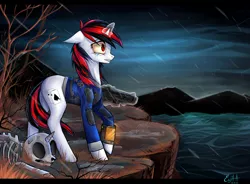 Size: 4426x3250 | Tagged: safe, artist:enjaadjital, derpibooru import, oc, oc:blackjack, unofficial characters only, cyborg, pony, unicorn, fallout equestria, fallout equestria: project horizons, fanfic, bone, clothes, crying, cutie mark, fanfic art, female, floppy ears, glowing horn, gun, hooves, horn, levitation, magic, mare, pipbuck, rain, skeleton, skull, small horn, solo, telekinesis, vault suit, weapon