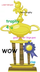 Size: 358x640 | Tagged: safe, derpibooru import, earth pony, pony, blue ribbon, comic sans, doge, gold, meme, reaction image, rearing, ribbon, sarcasm, simple background, trophy, white background, wow