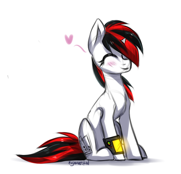 Size: 1997x1922 | Tagged: safe, artist:enjaadjital, derpibooru import, oc, oc:blackjack, unofficial characters only, pony, unicorn, fallout equestria, fanfic, blushing, cute, eyes closed, fanfic art, female, heart, hooves, horn, mare, pipbuck, simple background, sitting, small horn, smiling, solo, white background