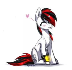 Size: 1997x1922 | Tagged: safe, artist:enjaadjital, derpibooru import, oc, oc:blackjack, unofficial characters only, pony, unicorn, fallout equestria, fanfic, blushing, cute, eyes closed, fanfic art, female, heart, hooves, horn, mare, pipbuck, simple background, sitting, small horn, smiling, solo, white background