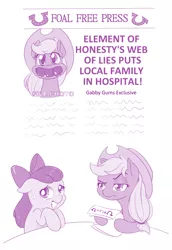 Size: 900x1306 | Tagged: apple bloom, applejack, artist:dstears, derpibooru import, foal free press, gabby gums, newspaper, safe, where the apple lies