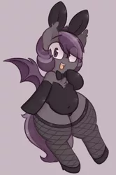 Size: 802x1206 | Tagged: suggestive, artist:toroitimu, derpibooru import, oc, oc:iris, unofficial characters only, bat pony, pony, belly button, bunny suit, chubby, clothes, cute, female, fishnets, plump, solo, solo female