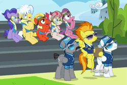 Size: 753x508 | Tagged: safe, derpibooru import, screencap, angel wings, fast clip, hyacinth dawn, loosey-goosey, manerick, mountain haze, short fuse, spitfire, whiplash, pony, top bolt, animated, buttchin, cleft chin, discovery family logo, gif, sitting, wonderbolt trainee uniform, wonderbolts dress uniform