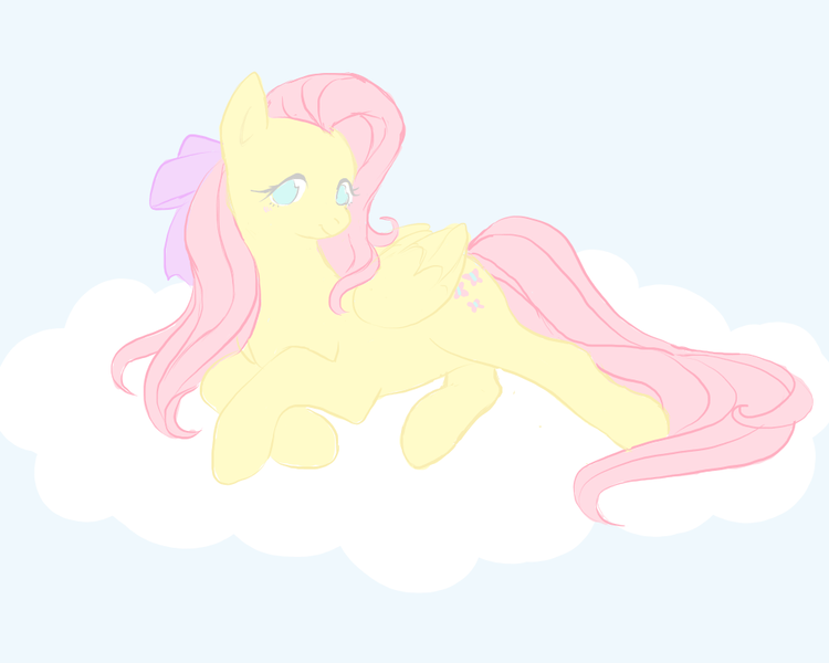 Size: 1000x800 | Tagged: safe, artist:vivisheep, derpibooru import, fluttershy, bow, bright, cloud, crossed hooves, folded wings, hair bow, looking at you, lying down, simple background, solo, white background