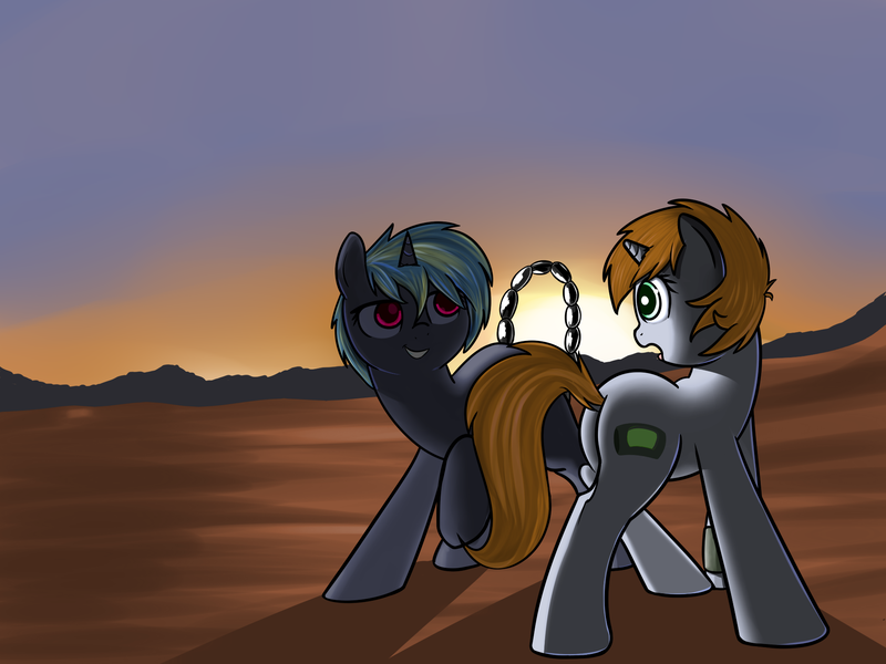 Size: 1957x1467 | Tagged: safe, artist:neuro, derpibooru import, oc, oc:littlepip, oc:malice, unofficial characters only, pony, unicorn, fallout equestria, fallout equestria: wasteland economics, fanfic, fanfic art, female, horn, mare, wasteland