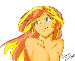 Size: 1280x1048 | Tagged: suggestive, artist:nayaasebeleguii, derpibooru import, sunset shimmer, equestria girls, breasts, busty sunset shimmer, female, implied nudity, sketch, smiling, solo, solo female