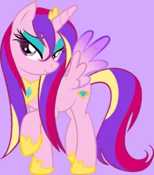 Size: 838x954 | Tagged: artist:musical-medic, bedroom eyes, derpibooru import, eyeshadow, looking at you, makeup, princess cadance, purple background, raised hoof, safe, simple background, smiling, solo, spread wings, wet mane