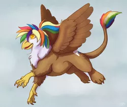 Size: 2171x1840 | Tagged: safe, artist:lady-darkstreak, derpibooru import, oc, oc:rainbow feather, unofficial characters only, gryphon, commission, interspecies offspring, magical lesbian spawn, offspring, parent:gilda, parent:rainbow dash, parents:gildash, quadrupedal, solo
