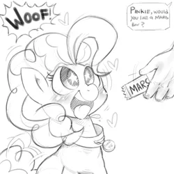 Size: 1000x1000 | Tagged: safe, artist:celine-artnsfw, derpibooru import, pinkie pie, earth pony, human, pony, barking, behaving like a dog, blushing, candy, chocolate, collar, dialogue, disembodied hand, drool, female, food, grayscale, heart, looking up, mare, monochrome, offscreen character, open mouth, pet play, pony pet, puppy pie, simple background, starry eyes, tongue out, white background, wingding eyes, woof
