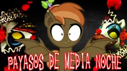 Size: 1280x720 | Tagged: safe, derpibooru import, button mash, bat pony, pony, clown, creepy, spanish