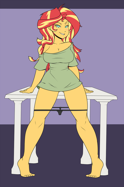 Size: 960x1440 | Tagged: dead source, questionable, artist:reiduran, derpibooru import, sunset shimmer, equestria girls, bare shoulders, barefoot, bedroom eyes, black underwear, blushing, bottomless, braless, breasts, busty sunset shimmer, cleavage, clothes, dialogue, featureless breasts, feet, female, grin, imminent sex, leaning, looking at you, no pupils, off shoulder, offscreen character, panties, panties around legs, panties pulled down, purple background, simple background, smiling, solo, solo female, table, thong, underass, underwear