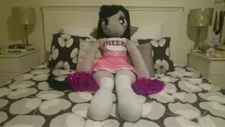 Size: 5312x2988 | Tagged: absurd resolution, anthro, anthro plushie, artist:bigsexyplush, artist:somethingaboutoctavia, bed, bedroom eyes, cheerleader, cheerleader outfit, clothes, costume, cute, derpibooru import, doll, hooves, irl, octavia melody, outfit, photo, plushie, pom pom, safe, socks, socktavia, solo, thigh highs, thunder thighs, toy, unguligrade anthro, wide hips