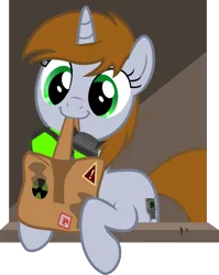 Size: 1000x1255 | Tagged: safe, artist:brisineo, derpibooru import, edit, oc, oc:littlepip, unofficial characters only, pony, unicorn, fallout equestria, fanfic, bag, balefire egg, brown background, cute, fanfic art, female, happy, mare, mouth hold, simple background, smiling, solo, to saddlebags and back again, transparent background, vector, warning